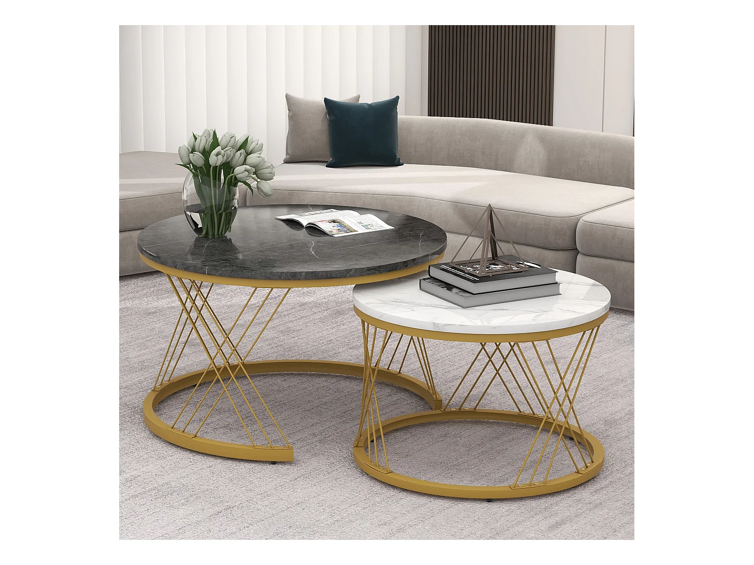 Tavolino moderno impilabile, piano in marmo e struttura dorata, MDF, bianco e grigio (70x70x45cm)