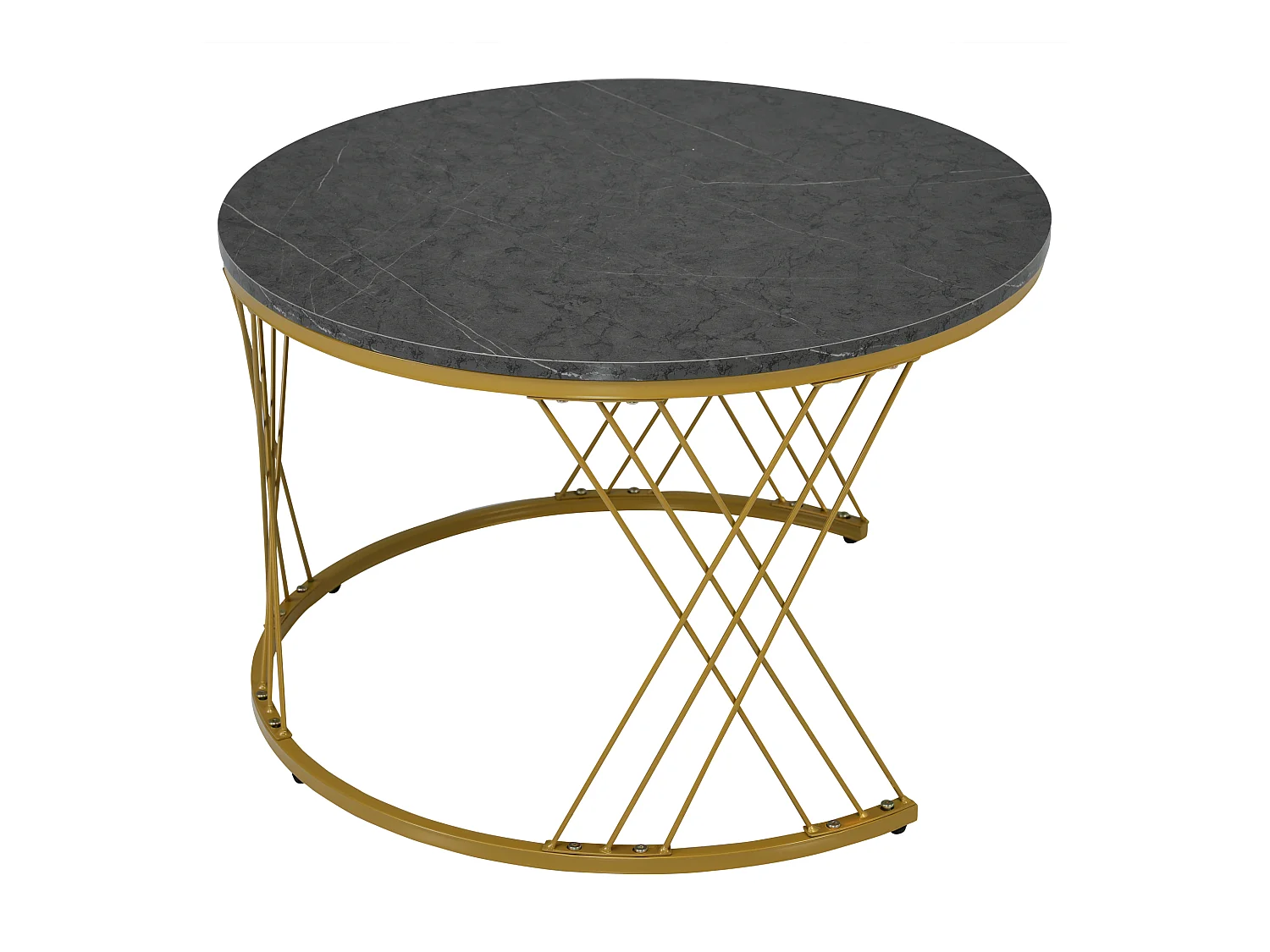 Tavolino moderno impilabile, piano in marmo e struttura dorata, MDF, bianco e grigio (70x70x45cm)