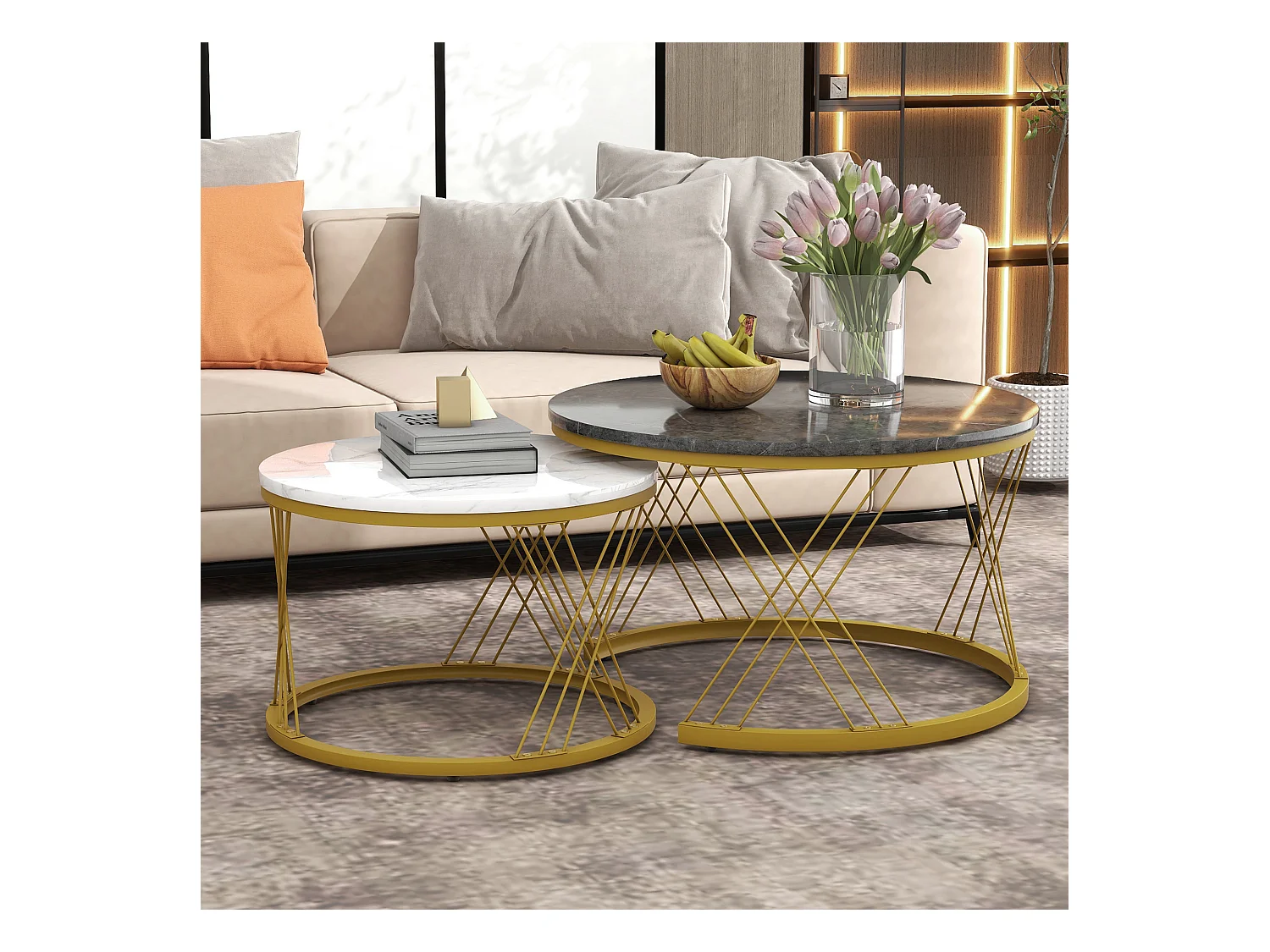 Table basse nesting moderne, plateau marbré et structure dorée, MDF, blanc et gris (70x70x45cm)