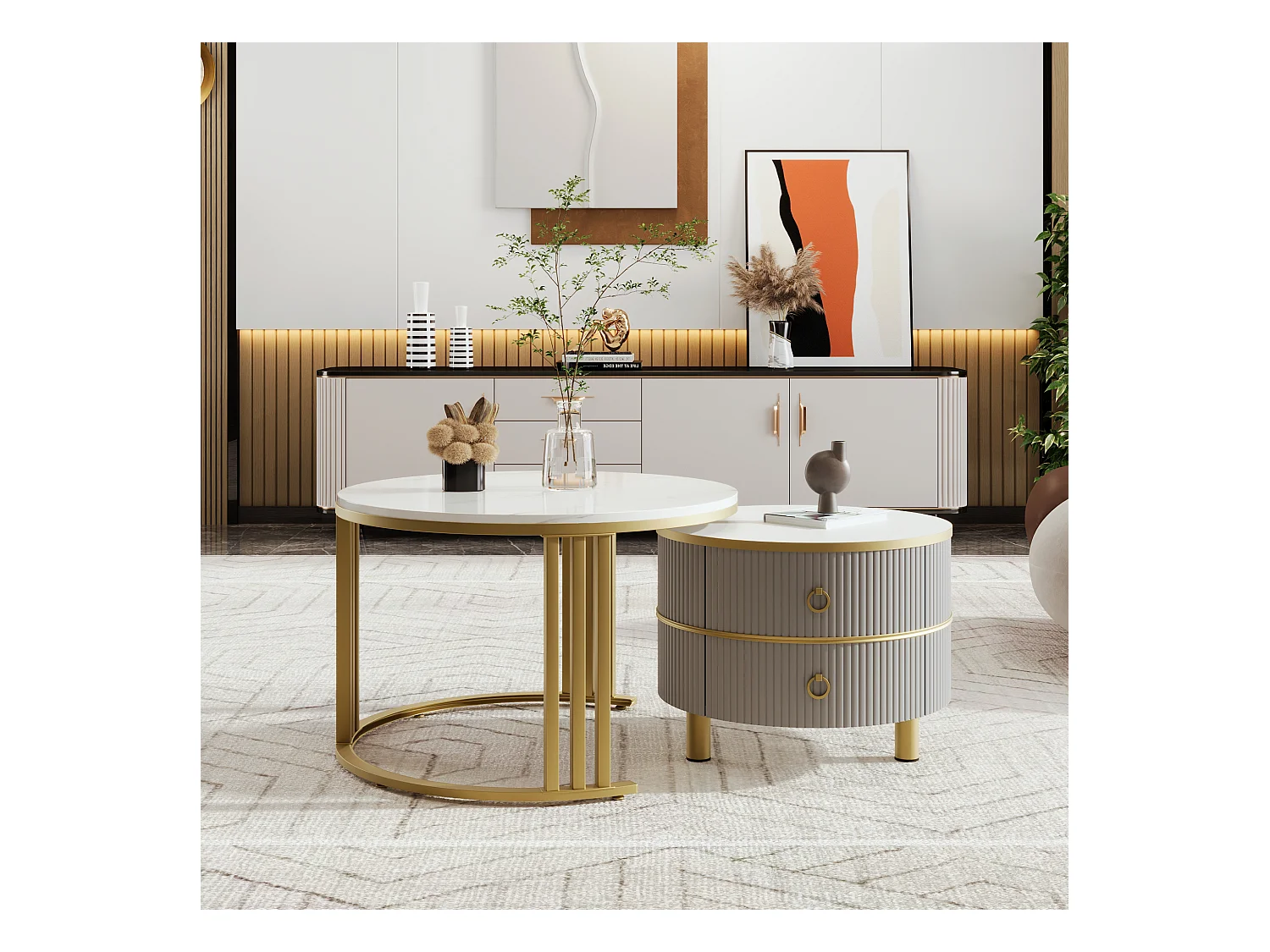 Ronde salontafel 2-in-1, MDF, wit marmeren blad, met 2 lades, zwart en goud (70x70x46 + 50x50x40 cm)