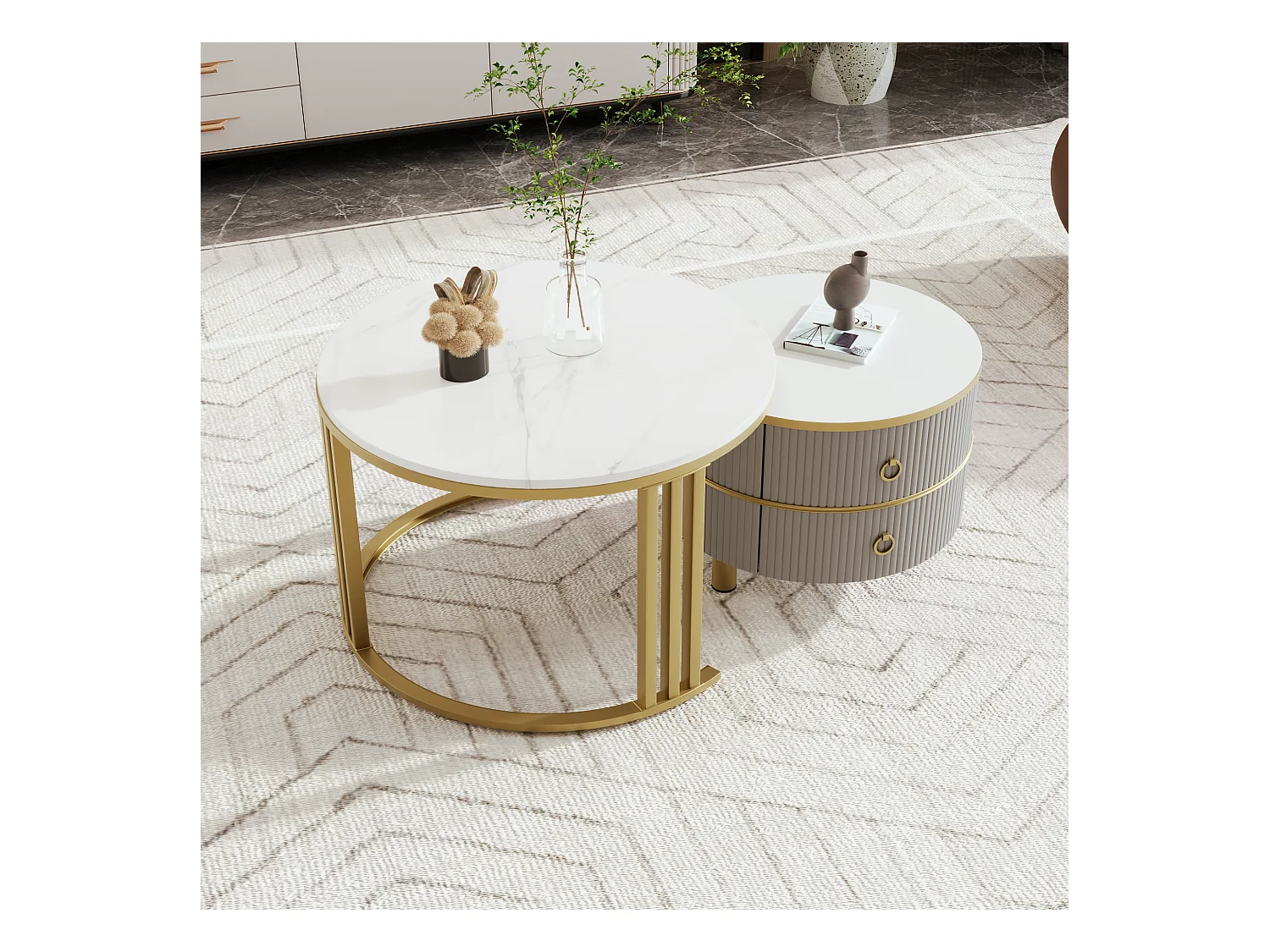 Ronde salontafel 2-in-1, MDF, wit marmeren blad, met 2 lades, zwart en goud (70x70x46 + 50x50x40 cm)
