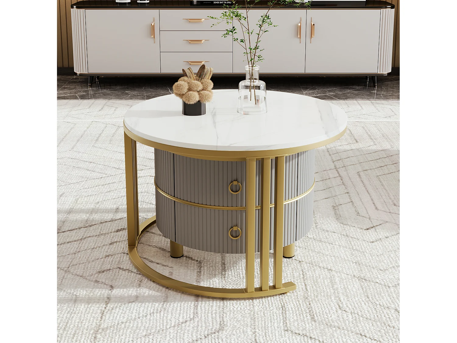 Table basse 2-en-1 ronde, MDF, Plateau en marbre blanc, avec 2 tiroirs, Noir et Or (70x70x46 + 50x50x40 cm)