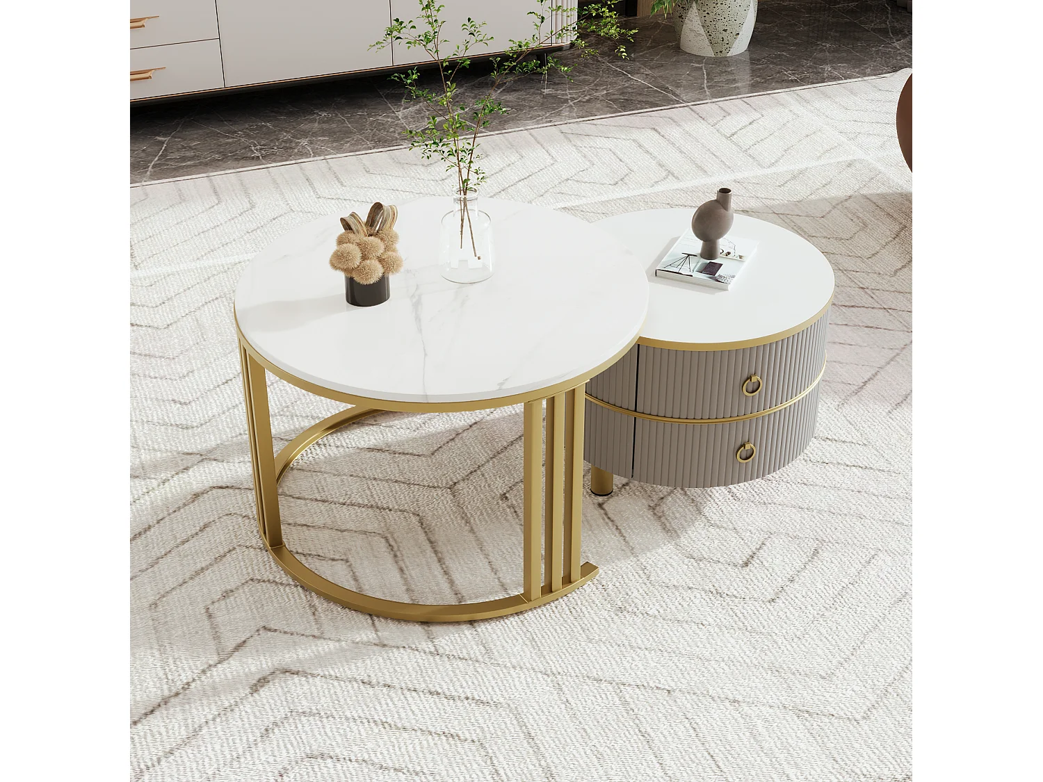 Table basse 2-en-1 ronde, MDF, Plateau en marbre blanc, avec 2 tiroirs, Noir et Or (70x70x46 + 50x50x40 cm)