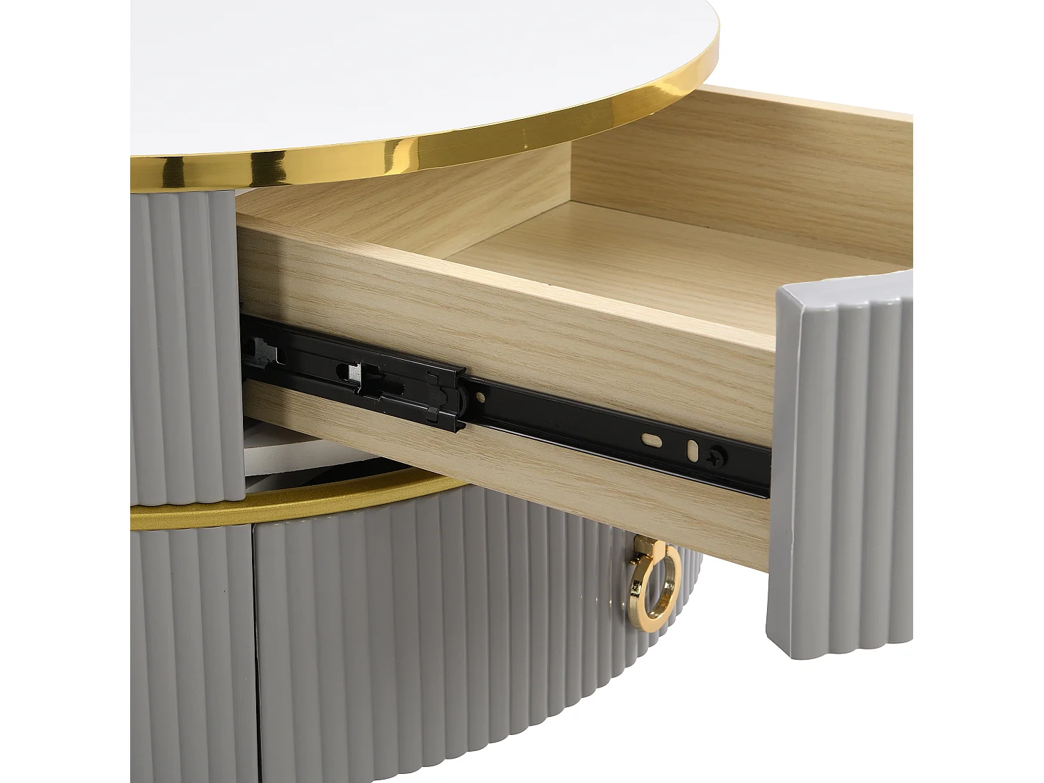 Table basse 2-en-1 ronde, MDF, Plateau en marbre blanc, avec 2 tiroirs, Noir et Or (70x70x46 + 50x50x40 cm)