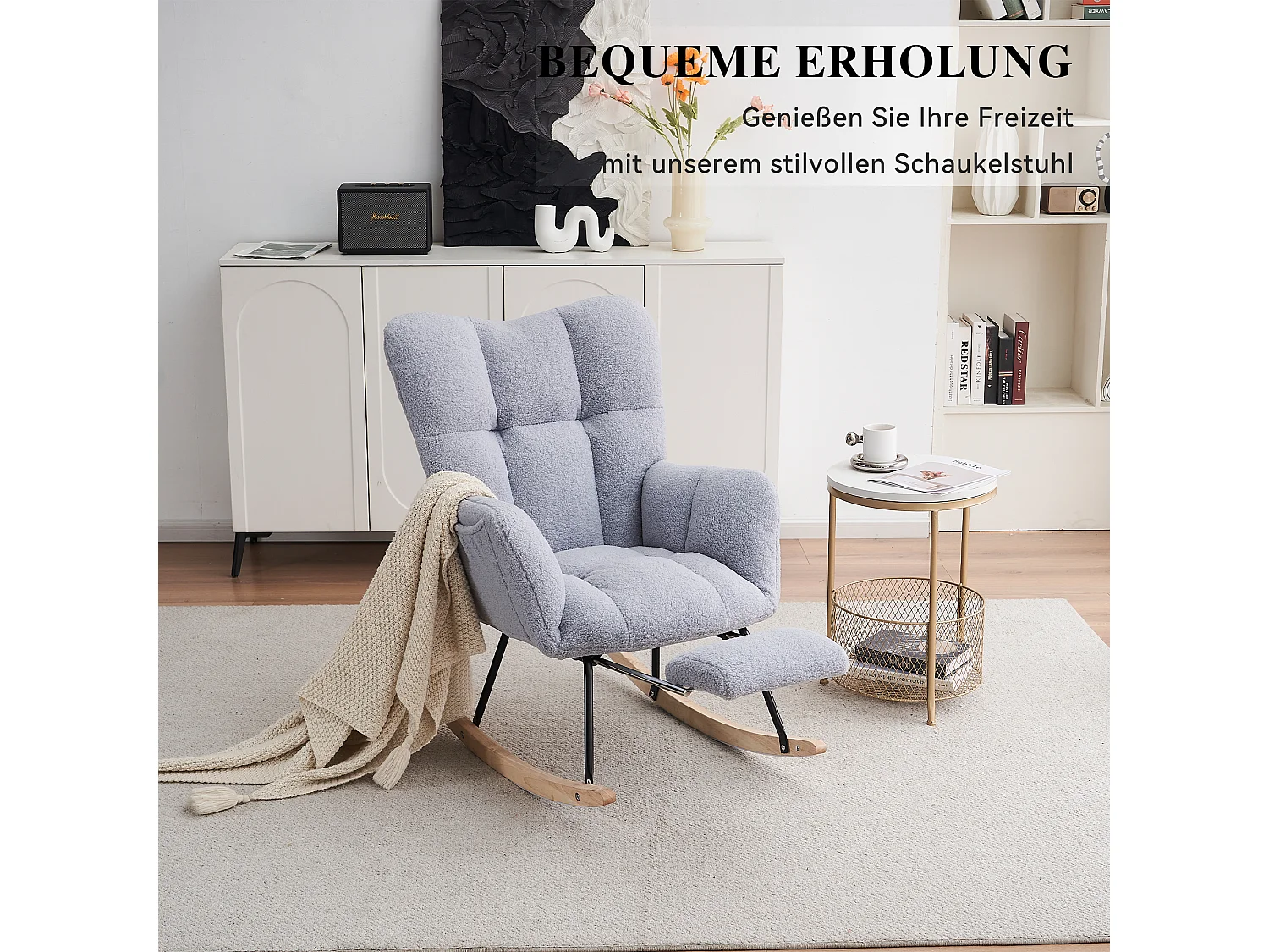 Fauteuil à bascule moderne avec tissu Tissu peluche, dossier haut, repose-pieds escamotable, gris (80x98x98.5 cm)