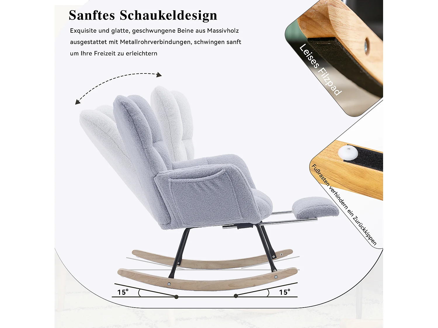Fauteuil à bascule moderne avec tissu Tissu peluche, dossier haut, repose-pieds escamotable, gris (80x98x98.5 cm)