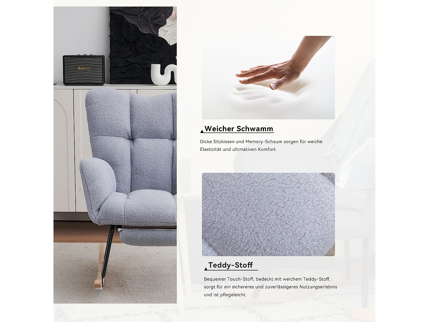 Fauteuil à bascule moderne avec tissu Tissu peluche, dossier haut, repose-pieds escamotable, gris (80x98x98.5 cm)