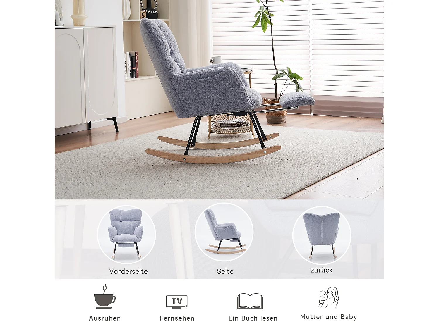 Fauteuil à bascule moderne avec tissu Tissu peluche, dossier haut, repose-pieds escamotable, gris (80x98x98.5 cm)