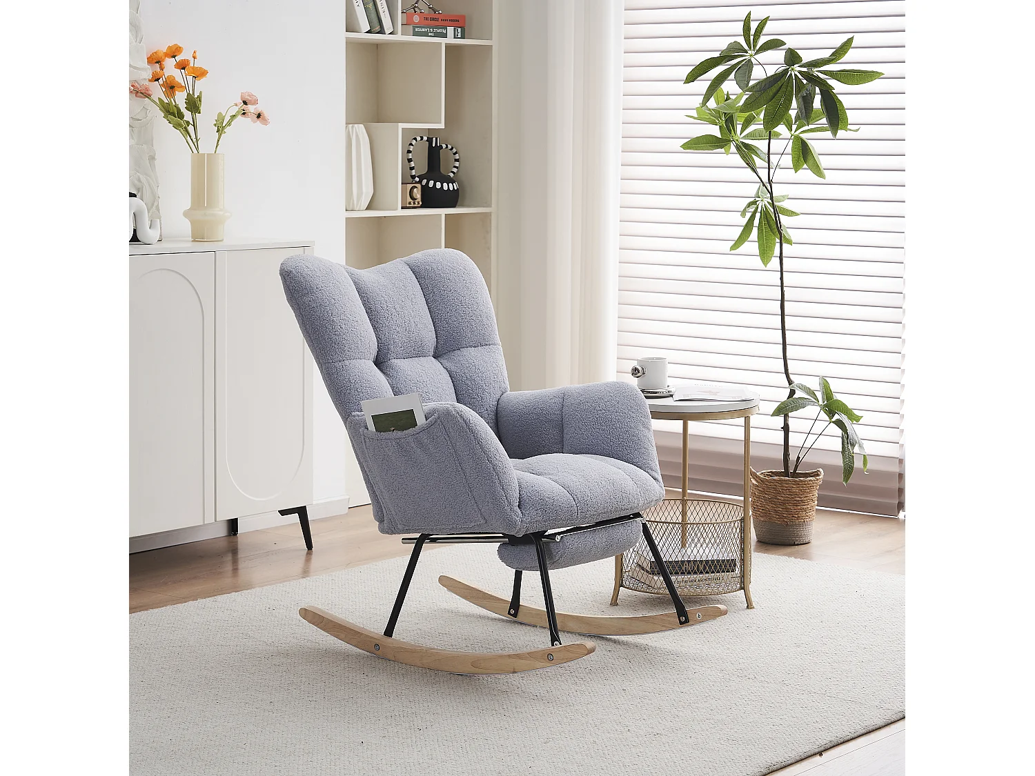 Fauteuil à bascule moderne avec tissu Tissu peluche, dossier haut, repose-pieds escamotable, gris (80x98x98.5 cm)