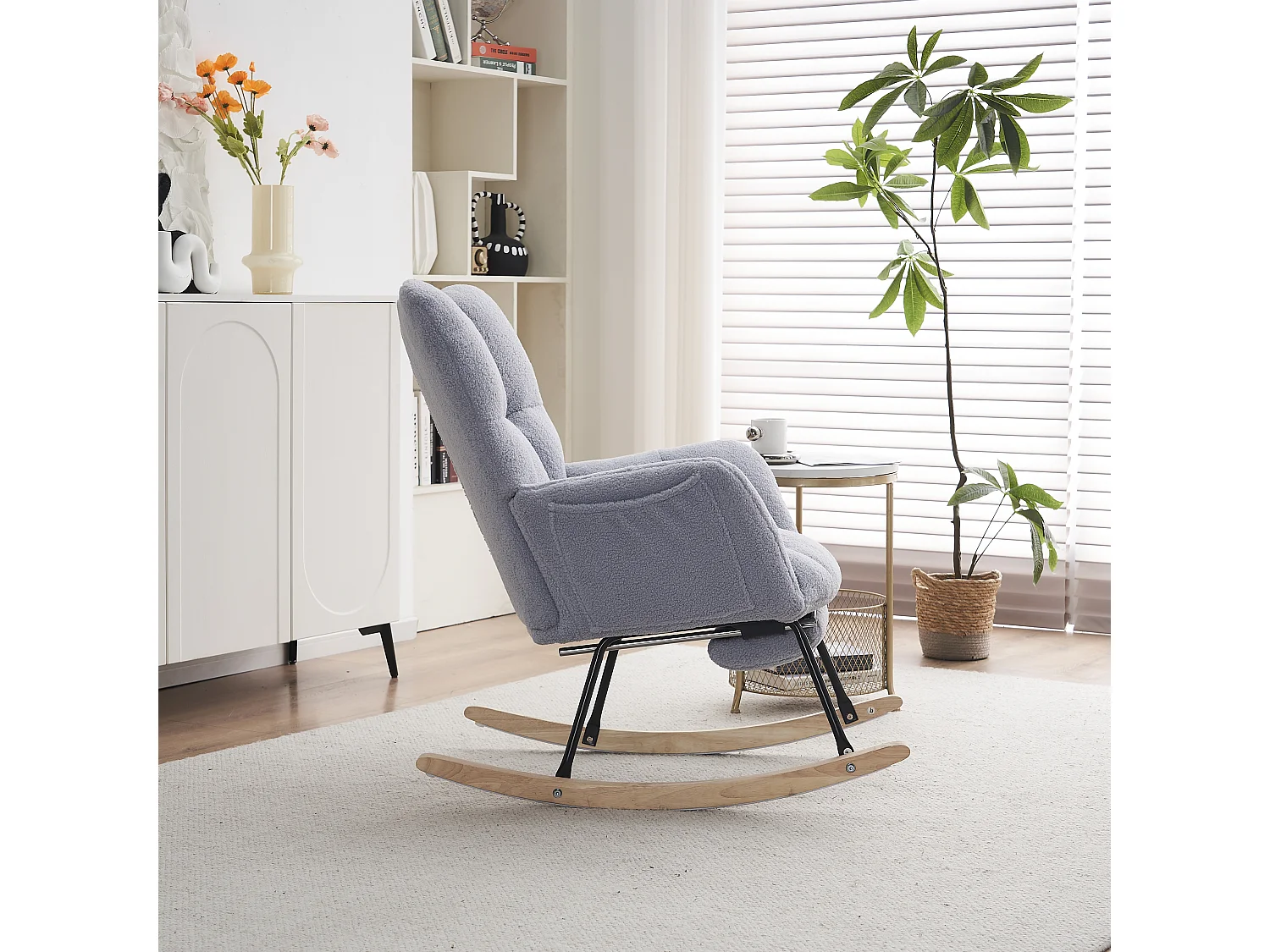 Fauteuil à bascule moderne avec tissu Tissu peluche, dossier haut, repose-pieds escamotable, gris (80x98x98.5 cm)