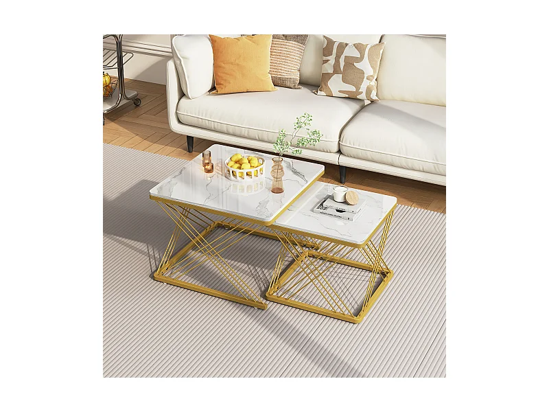 Table basse 2 pièces, design haut de gamme, MDF marbré brillant, pieds réglables, charge 30kg (60 x 60 x 45 cm & 45 x 45 x 40 cm)