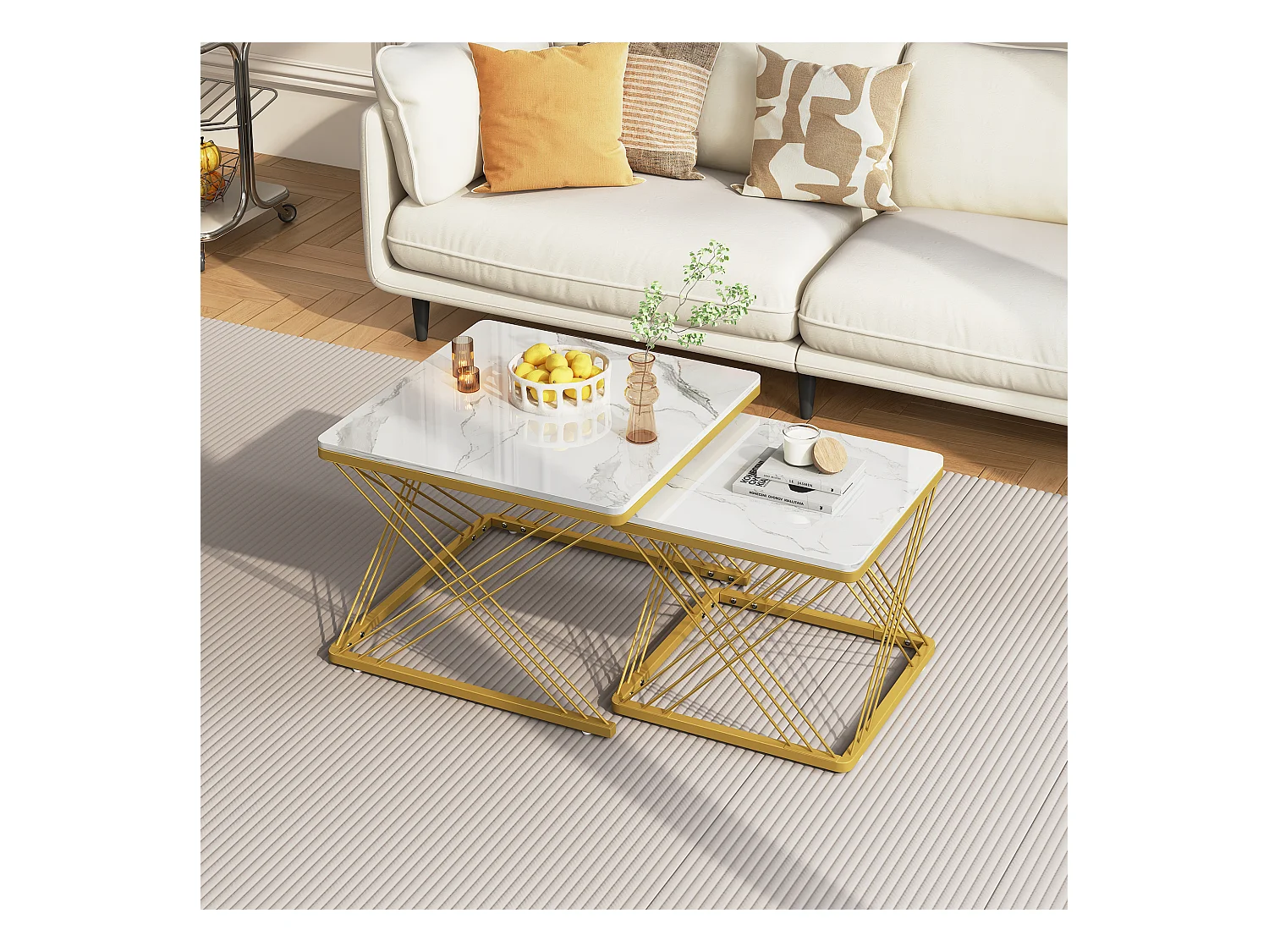 Table basse 2 pièces, design haut de gamme, MDF marbré brillant, pieds réglables, charge 30kg (60 x 60 x 45 cm & 45 x 45 x 40 cm)