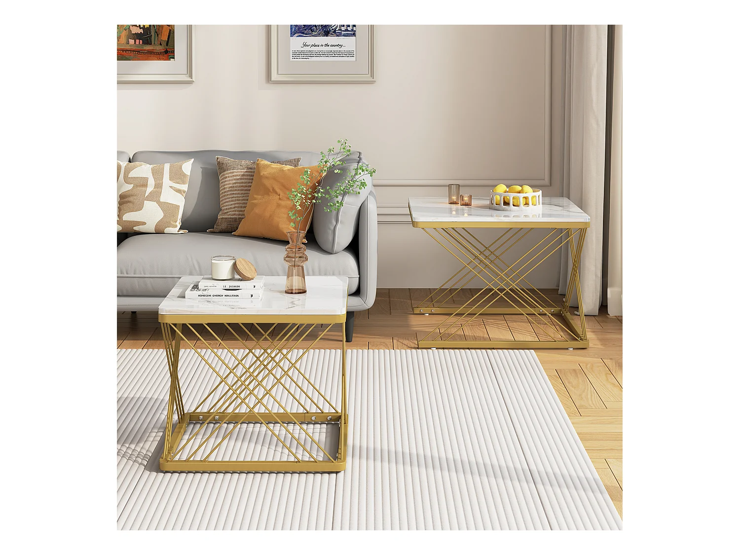 Table basse 2 pièces, design haut de gamme, MDF marbré brillant, pieds réglables, charge 30kg (60 x 60 x 45 cm & 45 x 45 x 40 cm)