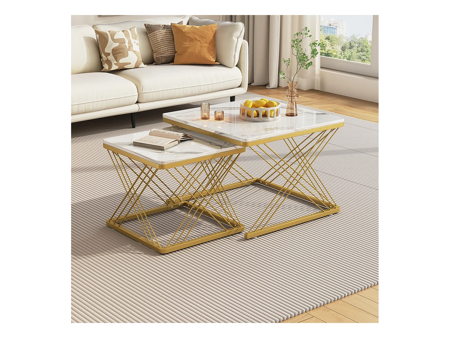 Table basse 2 pièces, design haut de gamme, MDF marbré brillant, pieds réglables, charge 30kg (60 x 60 x 45 cm & 45 x 45 x 40 cm)