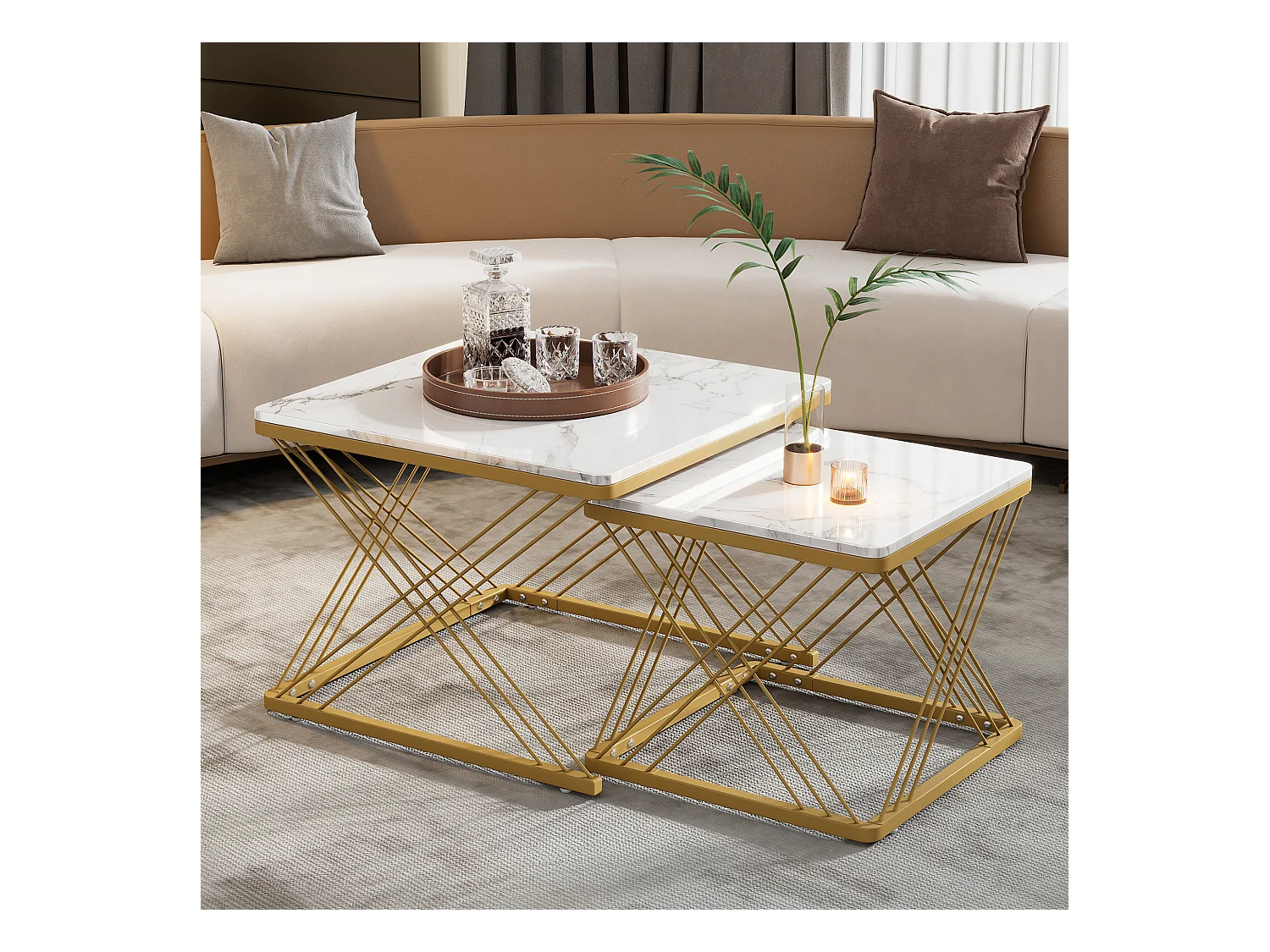 Table basse 2 pièces, design haut de gamme, MDF marbré brillant, pieds réglables, charge 30kg (60 x 60 x 45 cm & 45 x 45 x 40 cm)