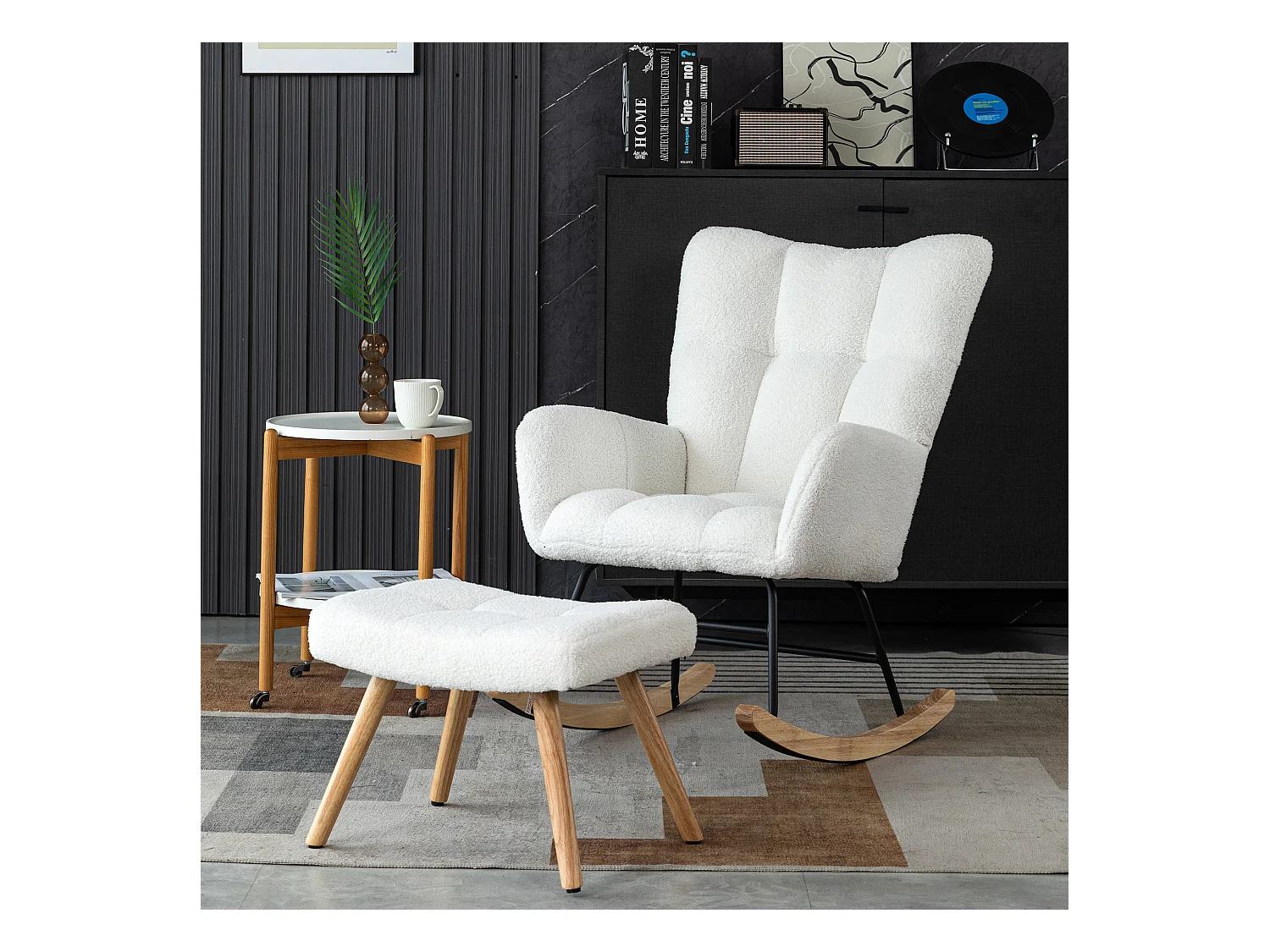 Fauteuil à bascule ergonomique, avec repose-pieds manuel, cadre en bois, tissu Tissu peluche, blanc (92x58x100 cm)