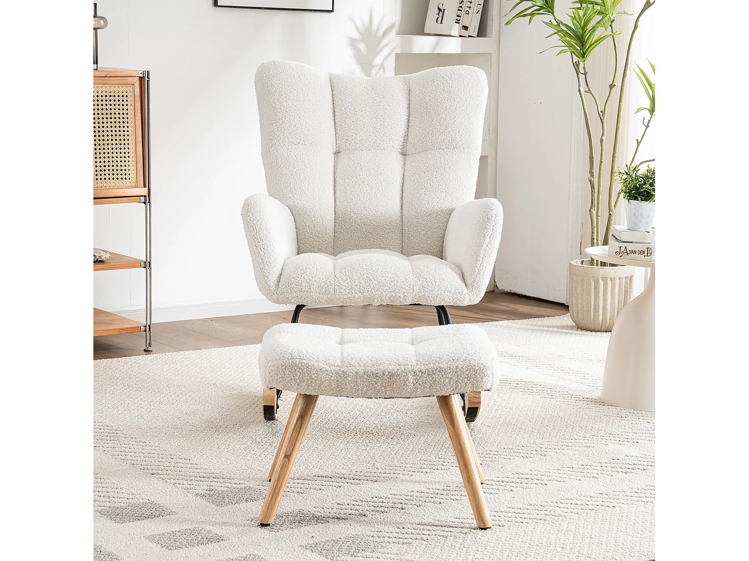 Fauteuil à bascule ergonomique, avec repose-pieds manuel, cadre en bois, tissu Tissu peluche, blanc (92x58x100 cm)