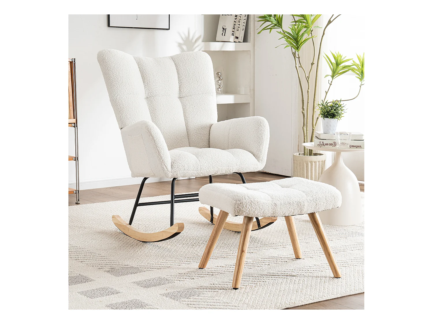 Sedia a dondolo ergonomica, con poggiapiedi manuale, struttura in legno, tessuto felpato, bianco (92x58x100 cm)