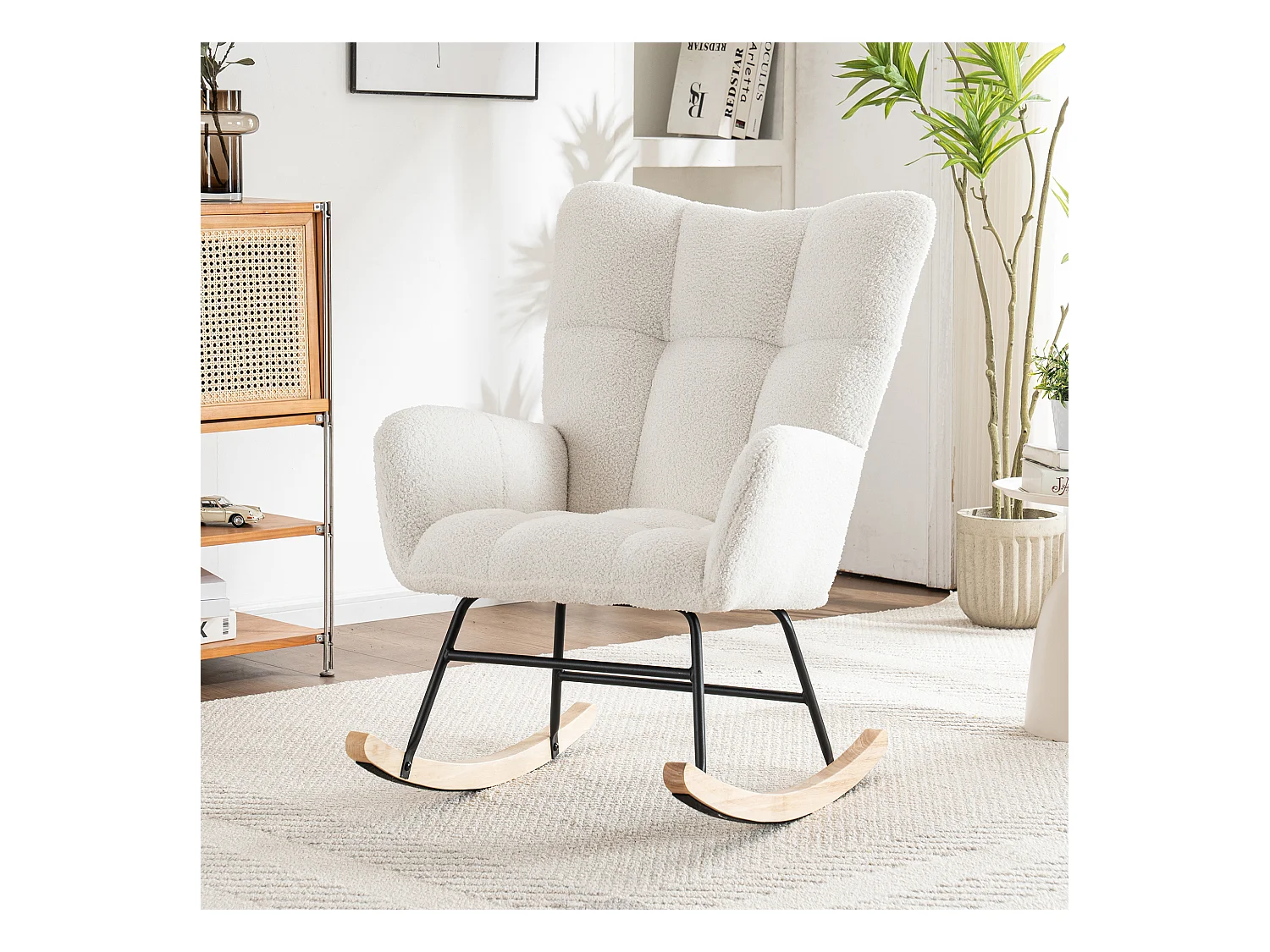 Fauteuil à bascule ergonomique, avec repose-pieds manuel, cadre en bois, tissu Tissu peluche, blanc (92x58x100 cm)