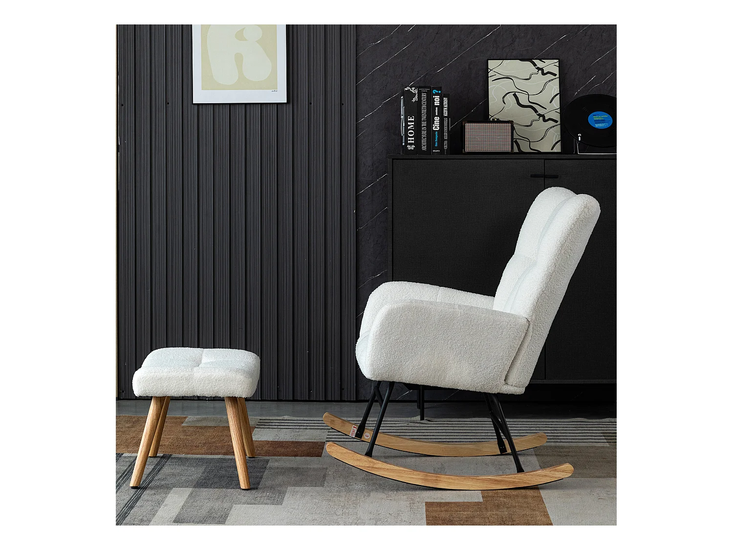 Fauteuil à bascule ergonomique, avec repose-pieds manuel, cadre en bois, tissu Tissu peluche, blanc (92x58x100 cm)