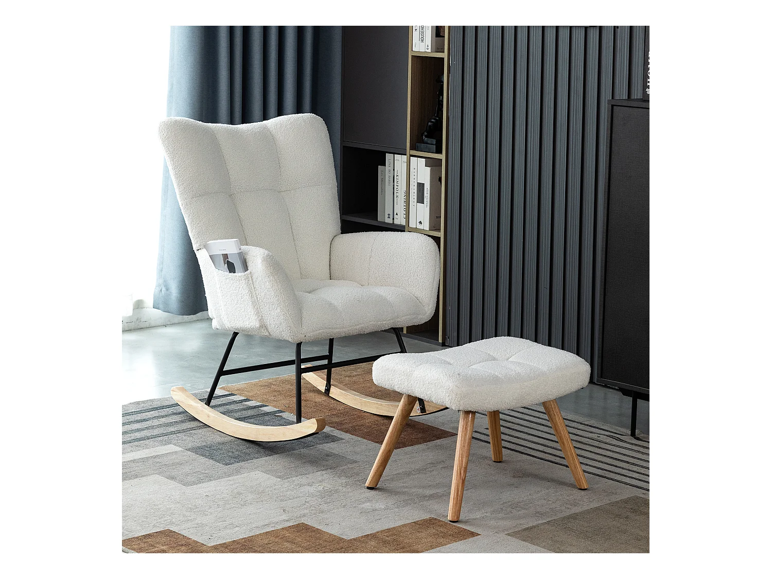 Fauteuil à bascule ergonomique, avec repose-pieds manuel, cadre en bois, tissu Tissu peluche, blanc (92x58x100 cm)