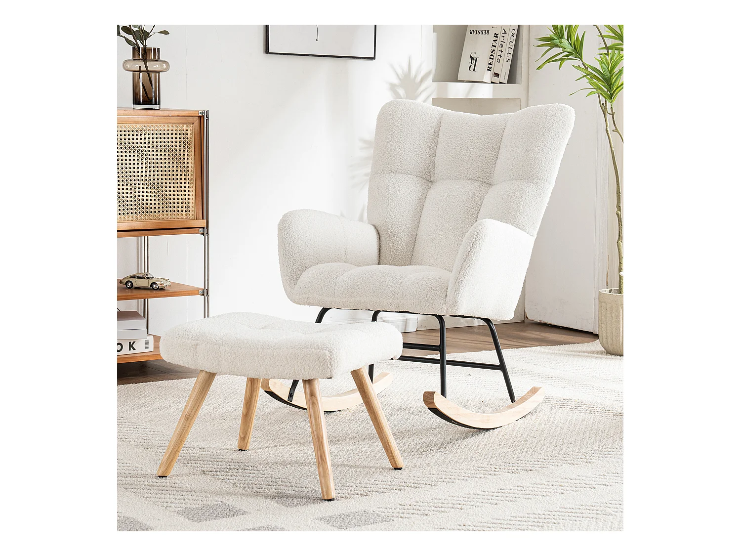 Fauteuil à bascule ergonomique, avec repose-pieds manuel, cadre en bois, tissu Tissu peluche, blanc (92x58x100 cm)