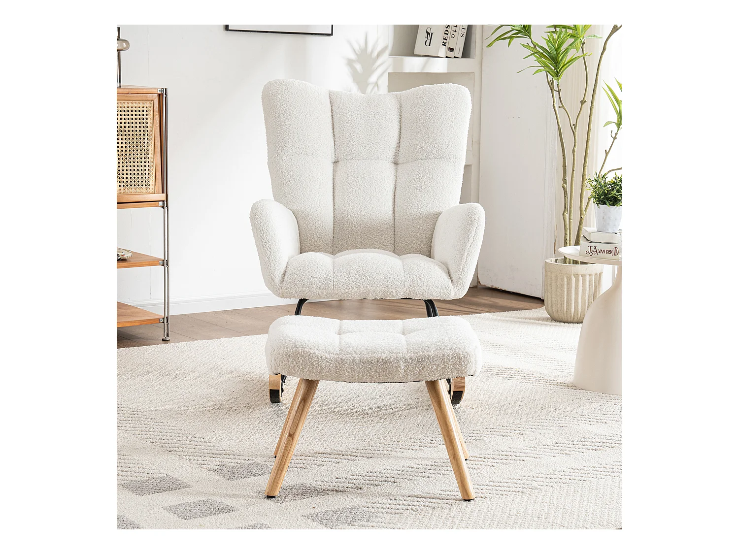 Fauteuil à bascule ergonomique, avec repose-pieds manuel, cadre en bois, tissu Tissu peluche, blanc (92x58x100 cm)