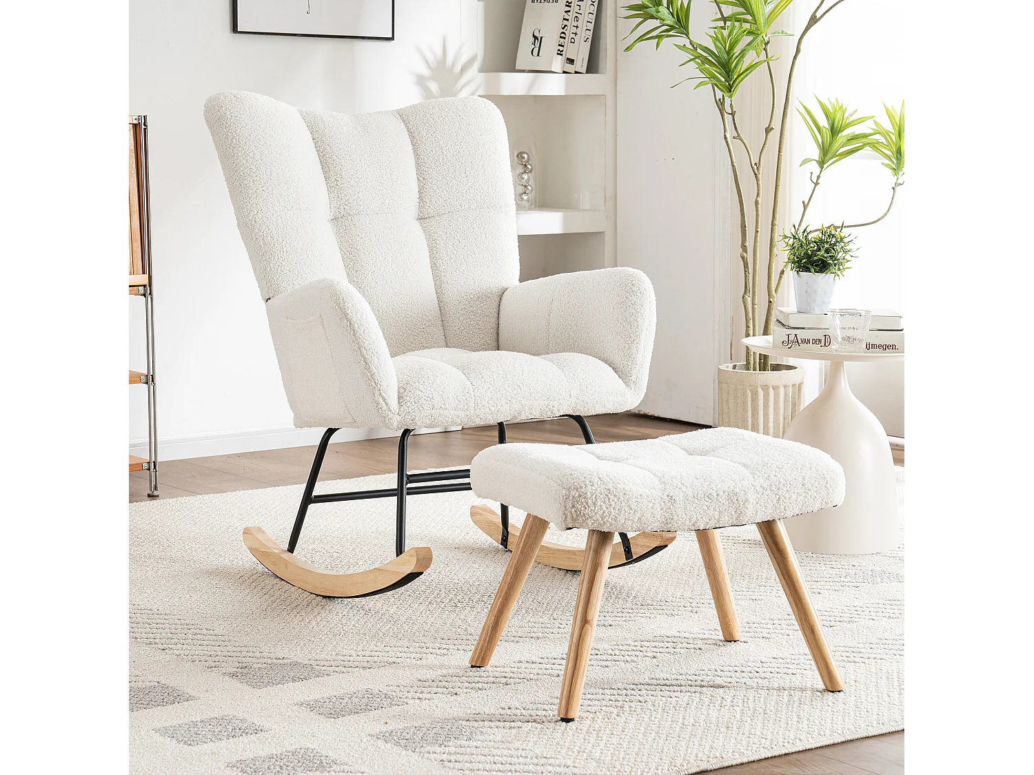 Fauteuil à bascule ergonomique, avec repose-pieds manuel, cadre en bois, tissu Tissu peluche, blanc (92x58x100 cm)