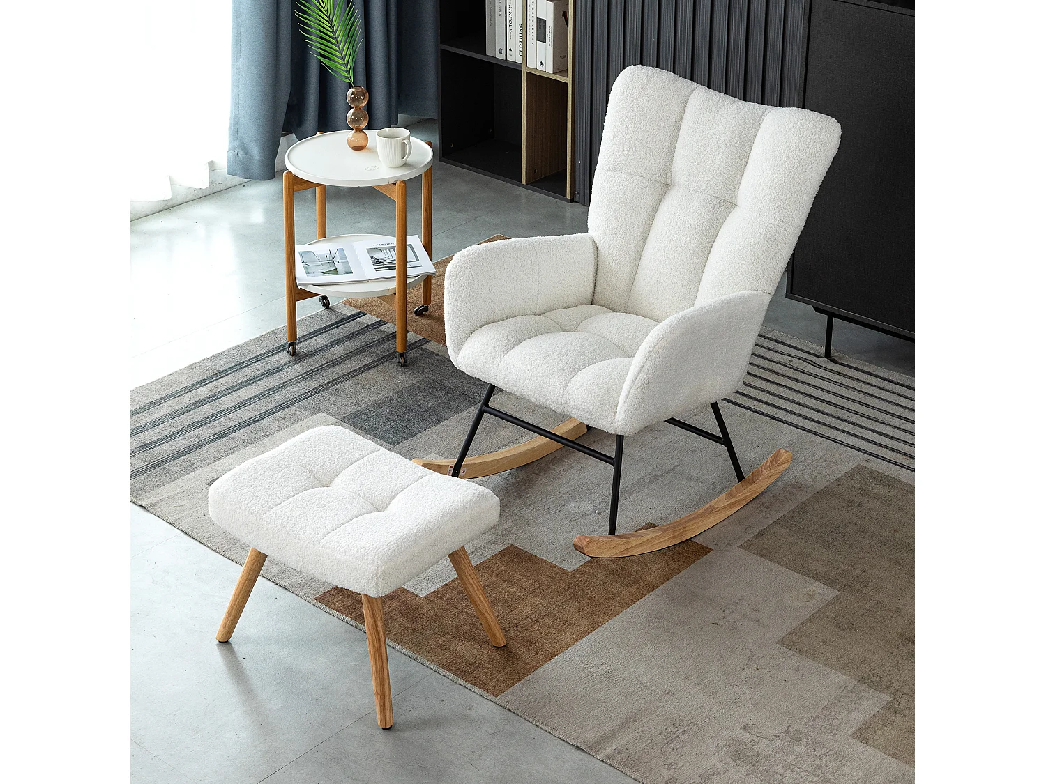 Fauteuil à bascule ergonomique, avec repose-pieds manuel, cadre en bois, tissu Tissu peluche, blanc (92x58x100 cm)