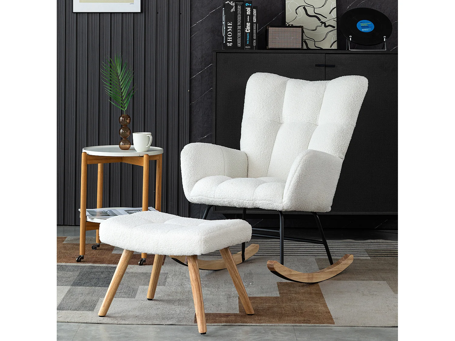 Fauteuil à bascule ergonomique, avec repose-pieds manuel, cadre en bois, tissu Tissu peluche, blanc (92x58x100 cm)