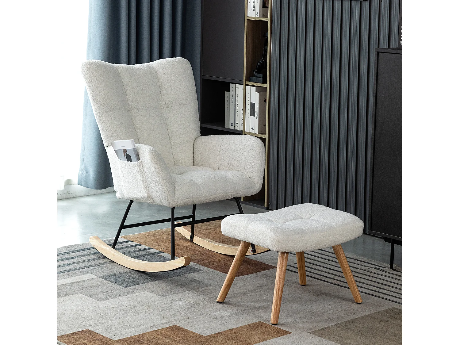 Fauteuil à bascule ergonomique, avec repose-pieds manuel, cadre en bois, tissu Tissu peluche, blanc (92x58x100 cm)