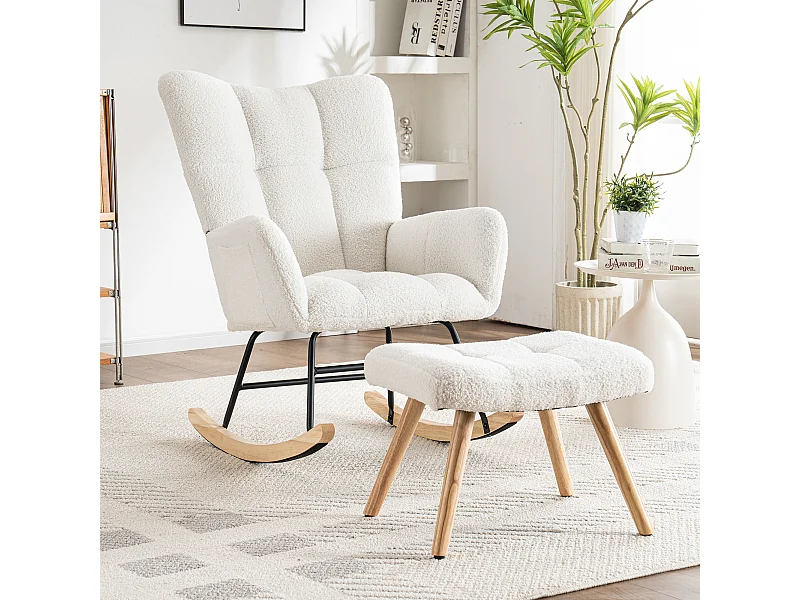 Sedia a dondolo ergonomica, con poggiapiedi manuale, struttura in legno, tessuto felpato, bianco (92x58x100 cm)