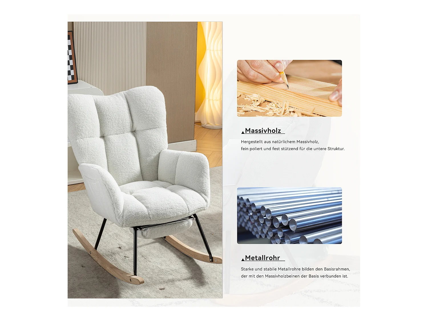 Sedia a dondolo moderna con tessuto felpato, poggiapiedi retrattile, imbottita, bianca (80x98x98,5 cm)