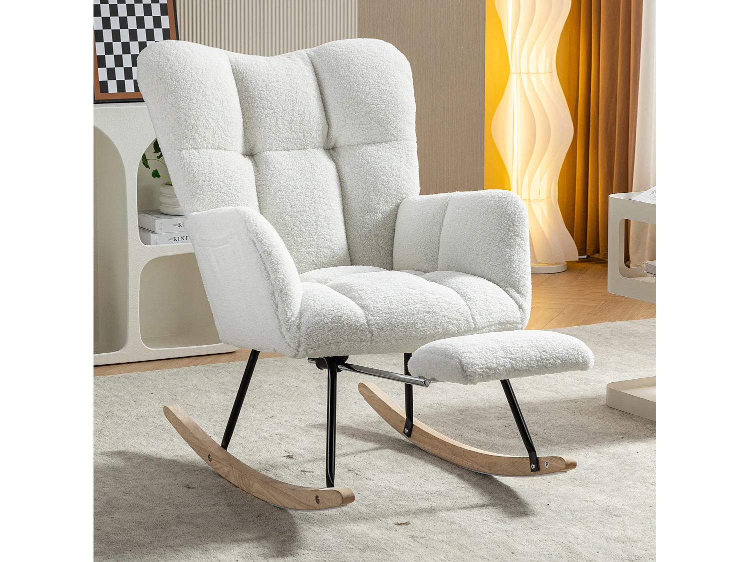 Moderne schommelstoel met pluche stof, intrekbare voetensteun, gevoerd, wit (80x98x98,5 cm)