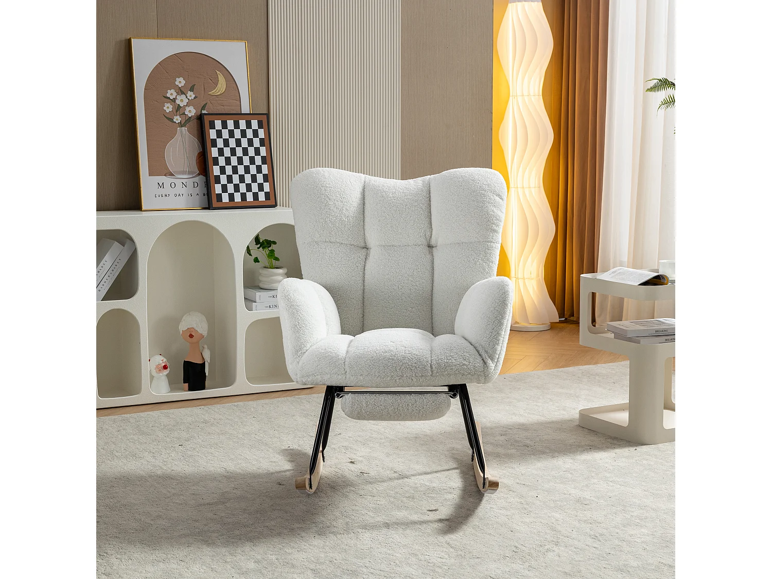 Moderne schommelstoel met pluche stof, intrekbare voetensteun, gevoerd, wit (80x98x98,5 cm)