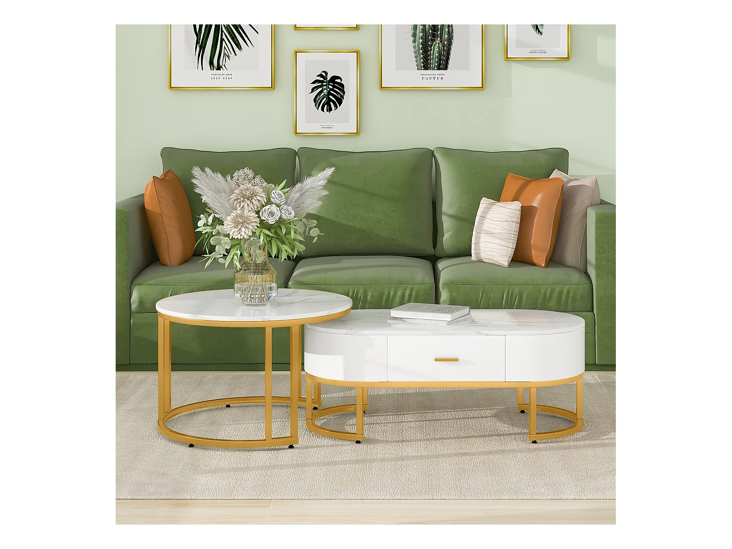 Lot de 2 tables basses carrées, pieds en métal doré, design moderne, MDF, blanc (100 x 48 x 38.5 cm & 70 x 70 x 44.5 cm)