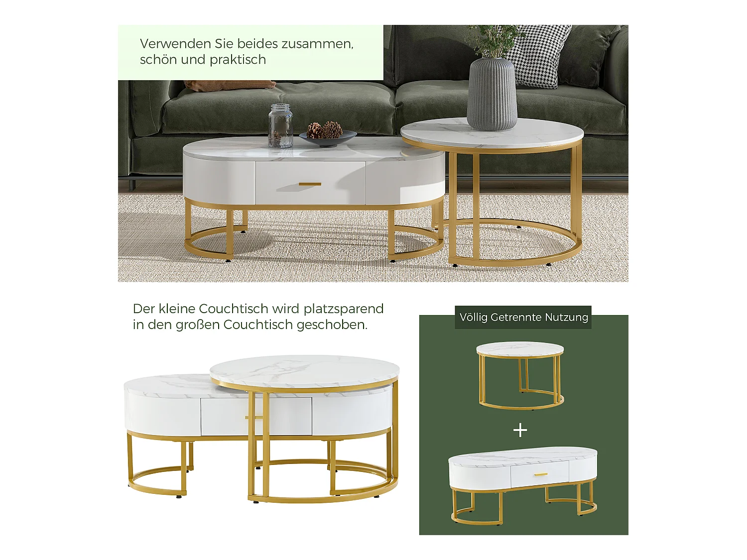 Lot de 2 tables basses carrées, pieds en métal doré, design moderne, MDF, blanc (100 x 48 x 38.5 cm & 70 x 70 x 44.5 cm)