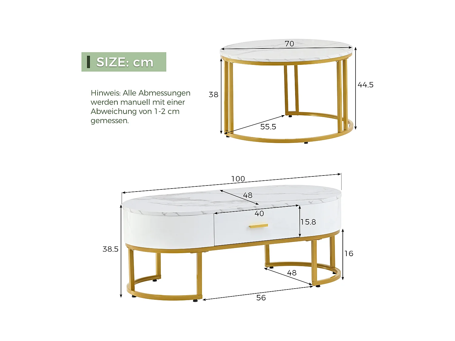 Set di 2 tavolini quadrati, gambe in metallo dorato, design moderno, MDF, bianco (100 x 48 x 38,5 cm e 70 x 70 x 44,5 cm)