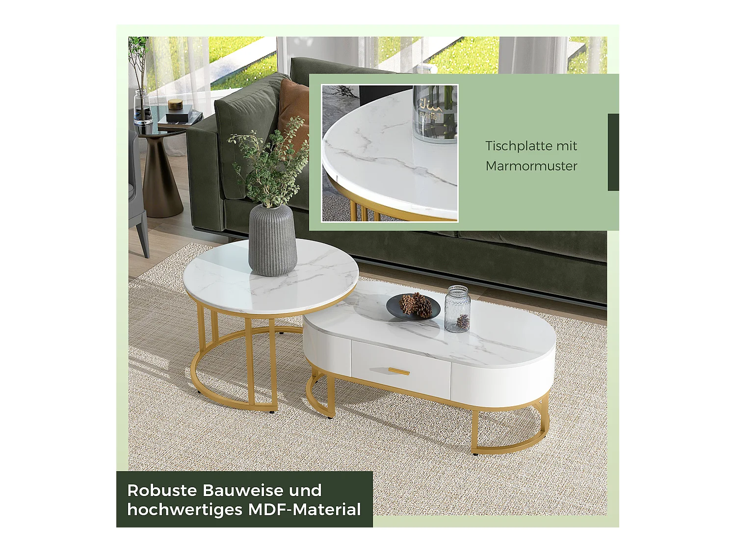 Set di 2 tavolini quadrati, gambe in metallo dorato, design moderno, MDF, bianco (100 x 48 x 38,5 cm e 70 x 70 x 44,5 cm)