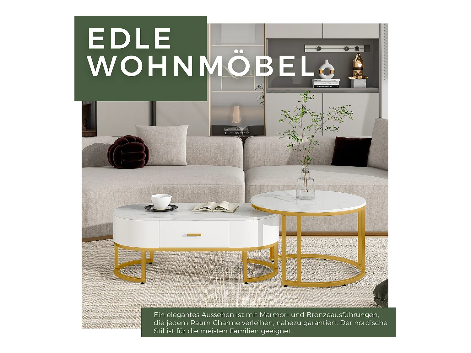Set di 2 tavolini quadrati, gambe in metallo dorato, design moderno, MDF, bianco (100 x 48 x 38,5 cm e 70 x 70 x 44,5 cm)
