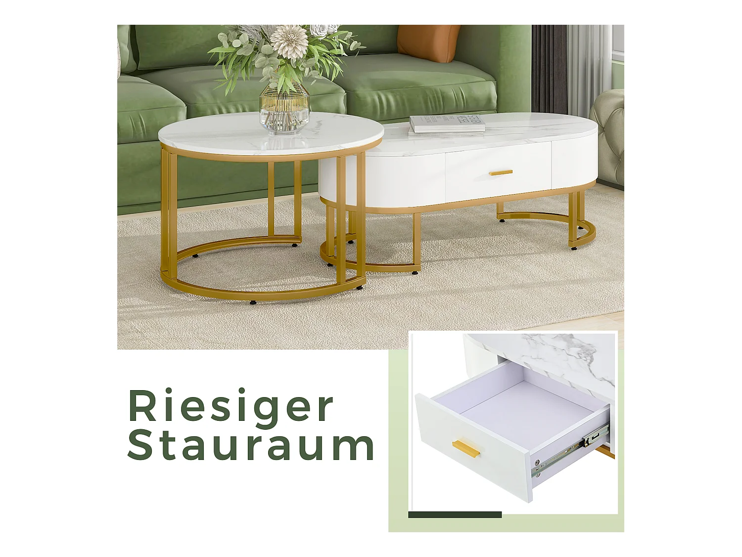 Set di 2 tavolini quadrati, gambe in metallo dorato, design moderno, MDF, bianco (100 x 48 x 38,5 cm e 70 x 70 x 44,5 cm)