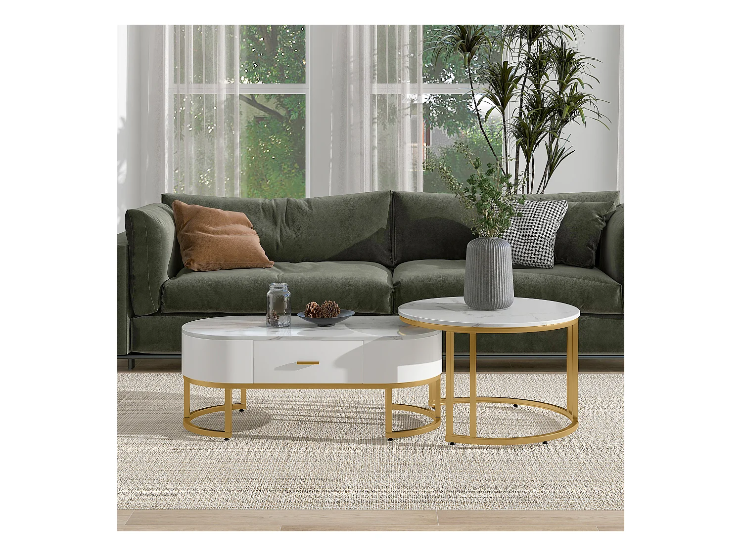 Set di 2 tavolini quadrati, gambe in metallo dorato, design moderno, MDF, bianco (100 x 48 x 38,5 cm e 70 x 70 x 44,5 cm)