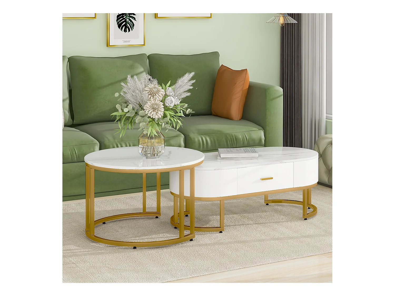 Set di 2 tavolini quadrati, gambe in metallo dorato, design moderno, MDF, bianco (100 x 48 x 38,5 cm e 70 x 70 x 44,5 cm)