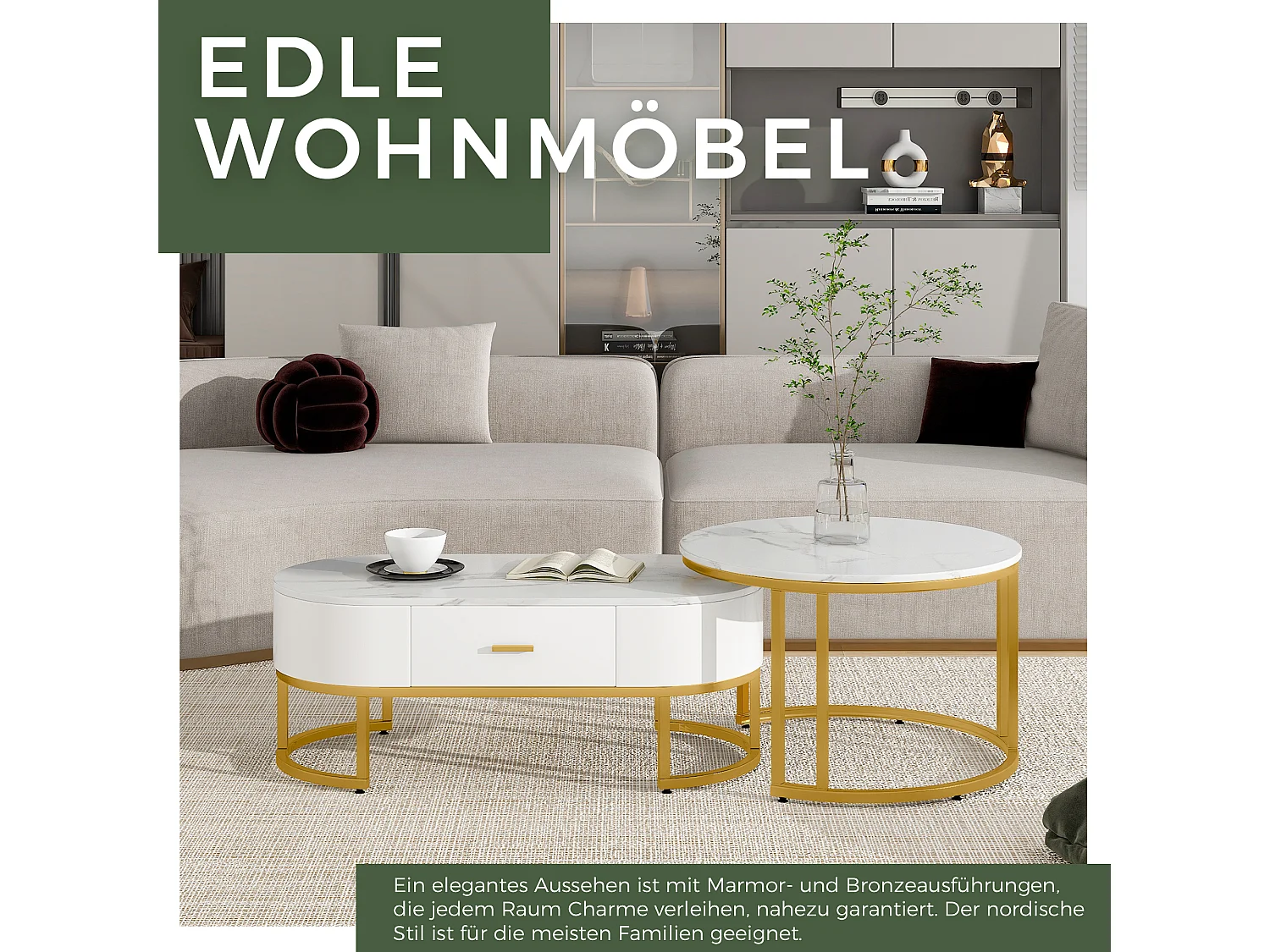 Set van 2 vierkante salontafels, gouden metalen poten, modern design, MDF, wit (100 x 48 x 38,5 cm & 70 x 70 x 44,5 cm)