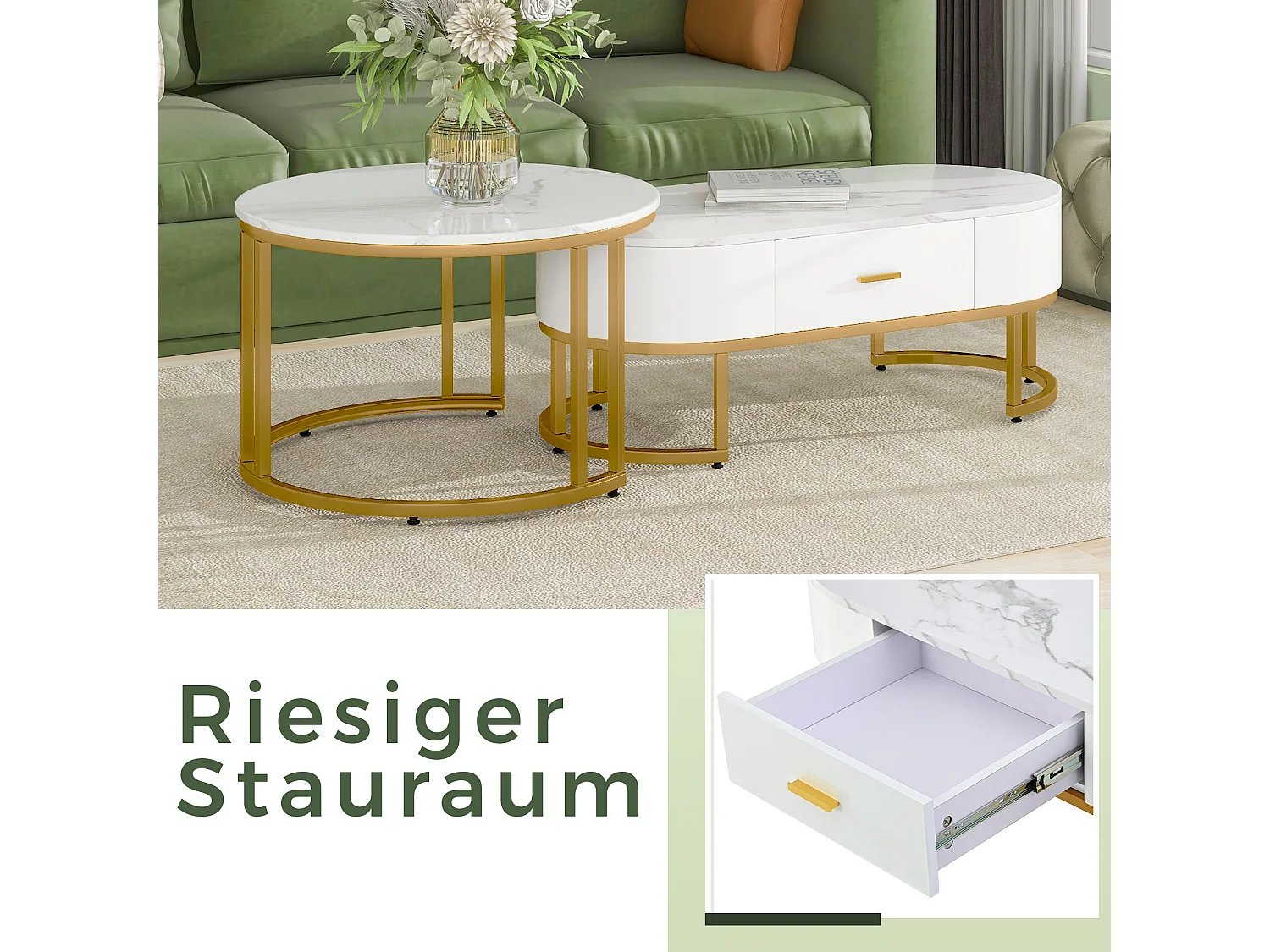 Set van 2 vierkante salontafels, gouden metalen poten, modern design, MDF, wit (100 x 48 x 38,5 cm & 70 x 70 x 44,5 cm)