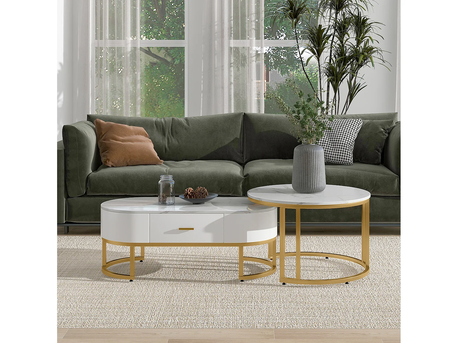 Set van 2 vierkante salontafels, gouden metalen poten, modern design, MDF, wit (100 x 48 x 38,5 cm & 70 x 70 x 44,5 cm)