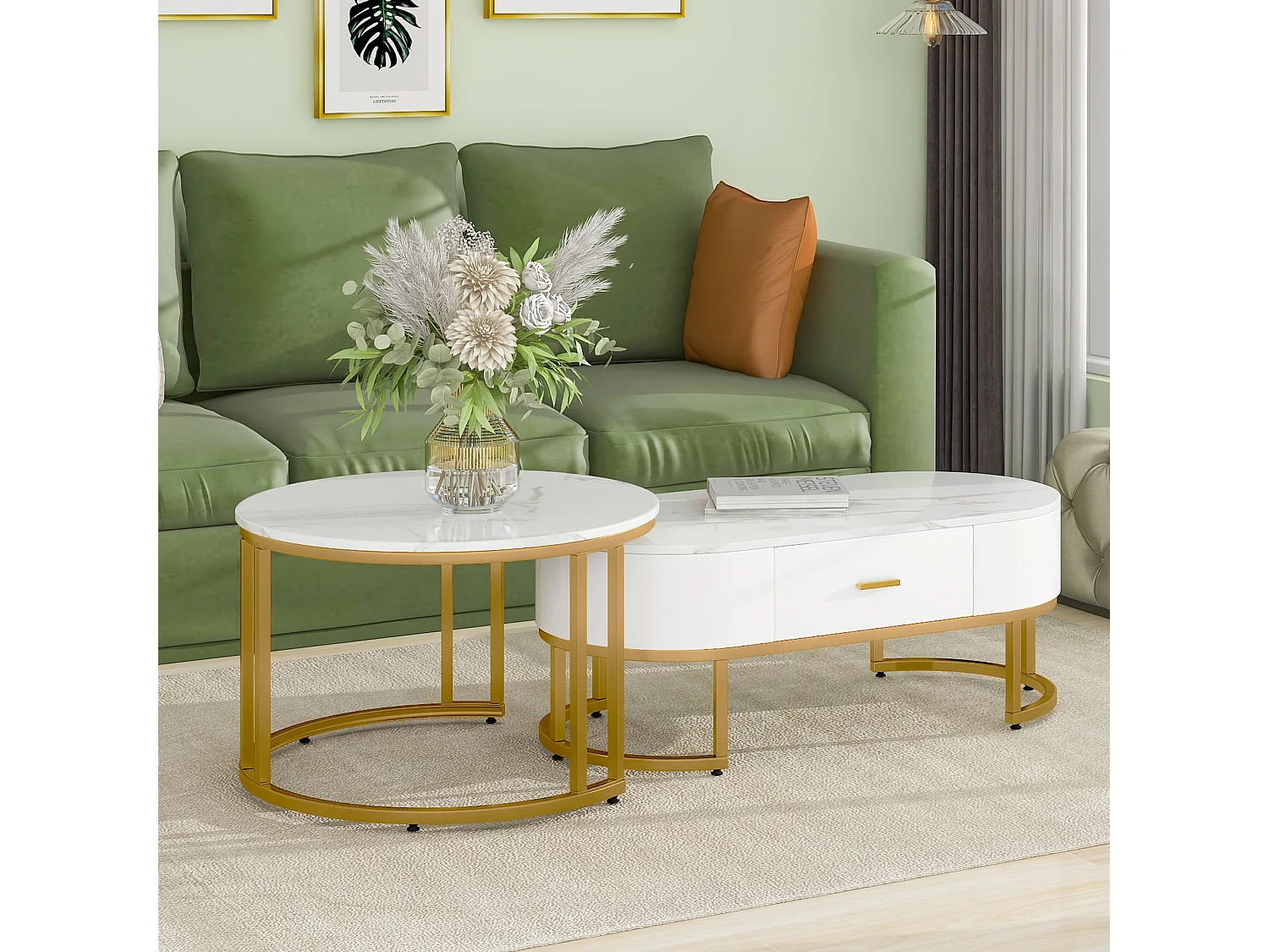 Set van 2 vierkante salontafels, gouden metalen poten, modern design, MDF, wit (100 x 48 x 38,5 cm & 70 x 70 x 44,5 cm)