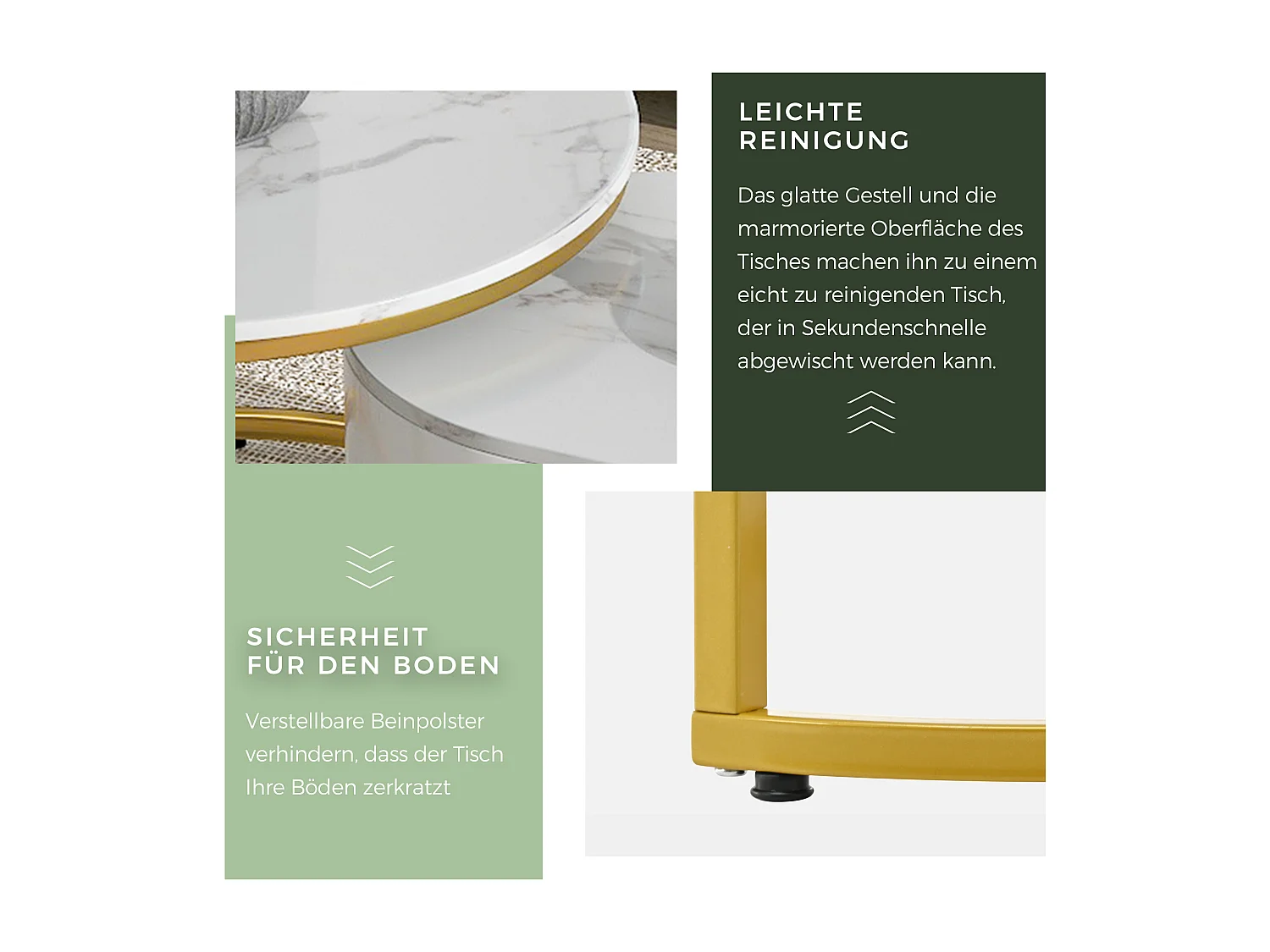 Set van 2 vierkante salontafels, gouden metalen poten, modern design, MDF, wit (100 x 48 x 38,5 cm & 70 x 70 x 44,5 cm)