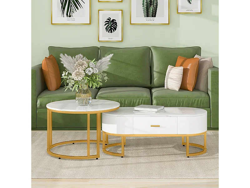 Lot de 2 tables basses carrées, pieds en métal doré, design moderne, MDF, blanc (100 x 48 x 38.5 cm & 70 x 70 x 44.5 cm)