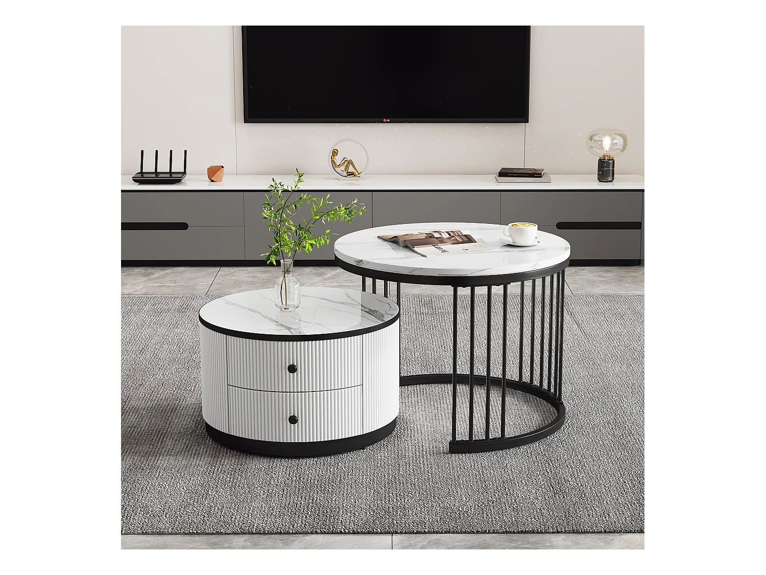 In elkaar passende salontafel in 2 delen, wit/zwart MDF, marmermotief, 2 lades, draagvermogen 30 kg (60 x 60 x 45,5 cm & 50 x 50 x 32 cm)